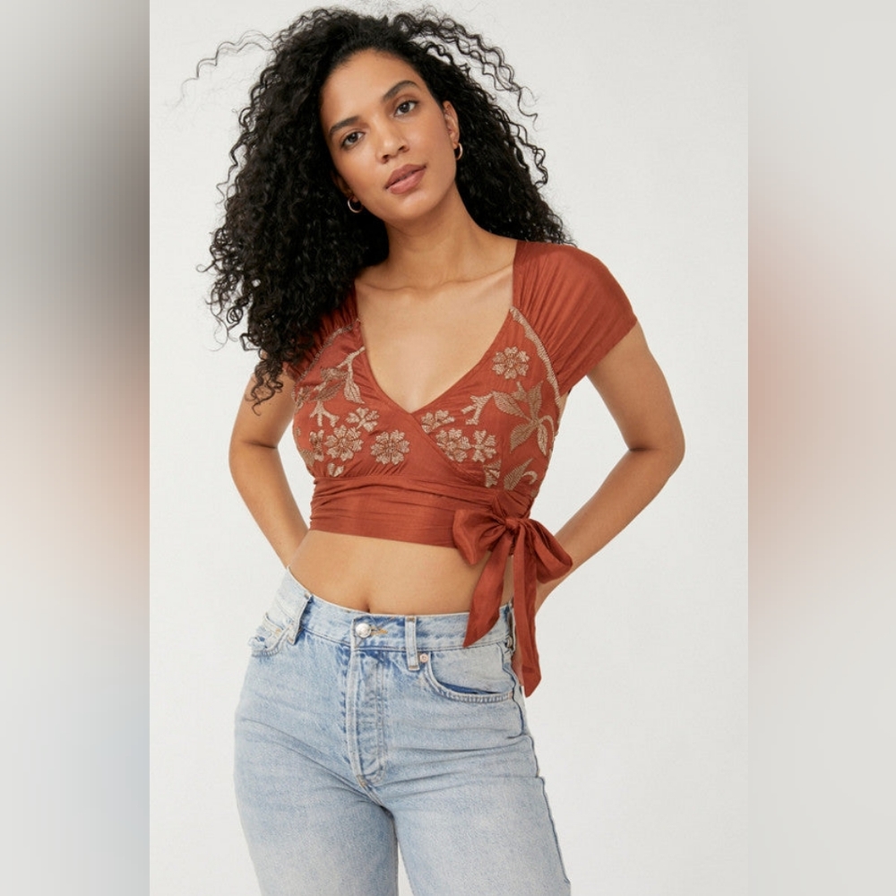 Free People Rust Brown Floral Embroidered Wrap Crop Top